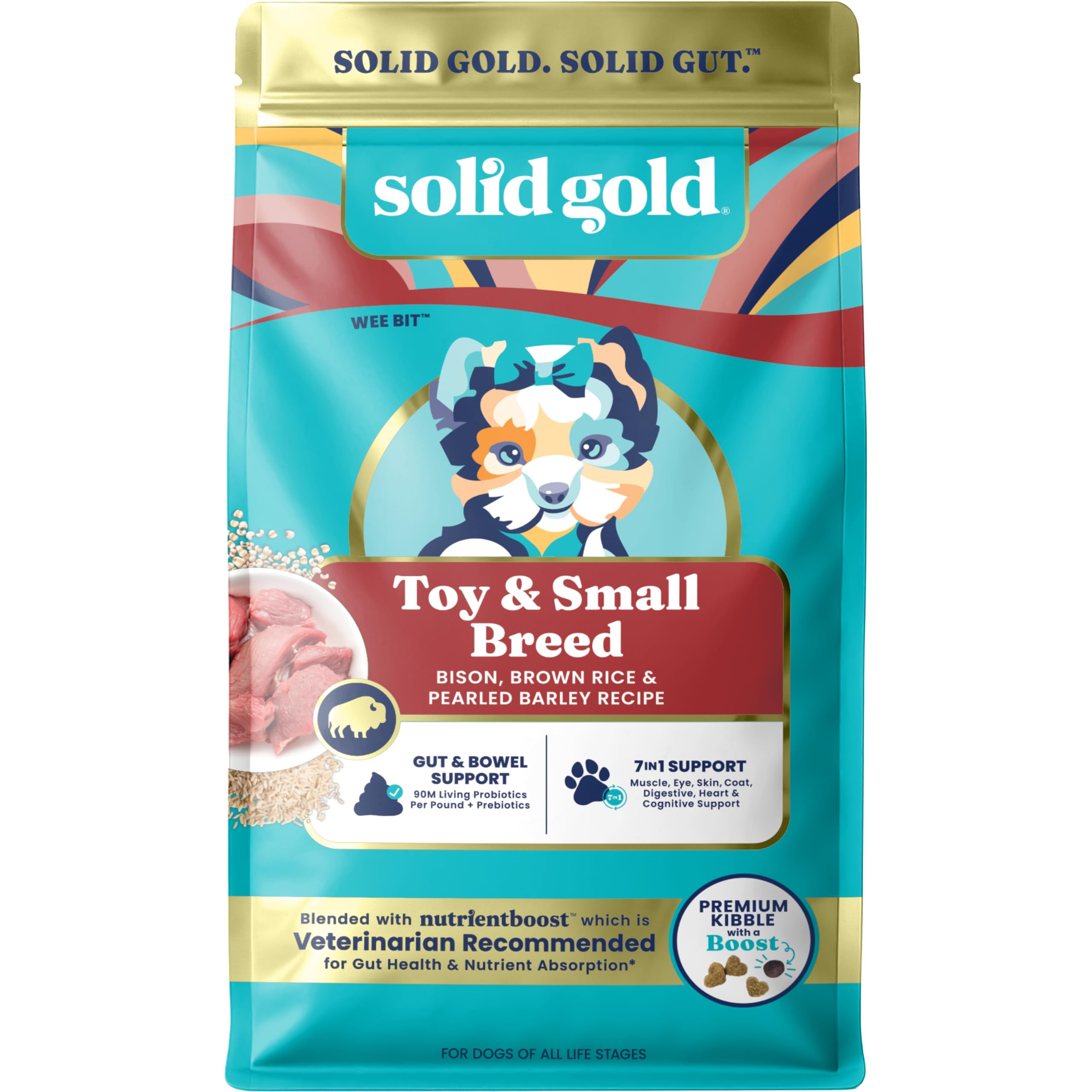 Solid Gold Toy & Small Breed food with bison bites supports lean muscle in small dogs.