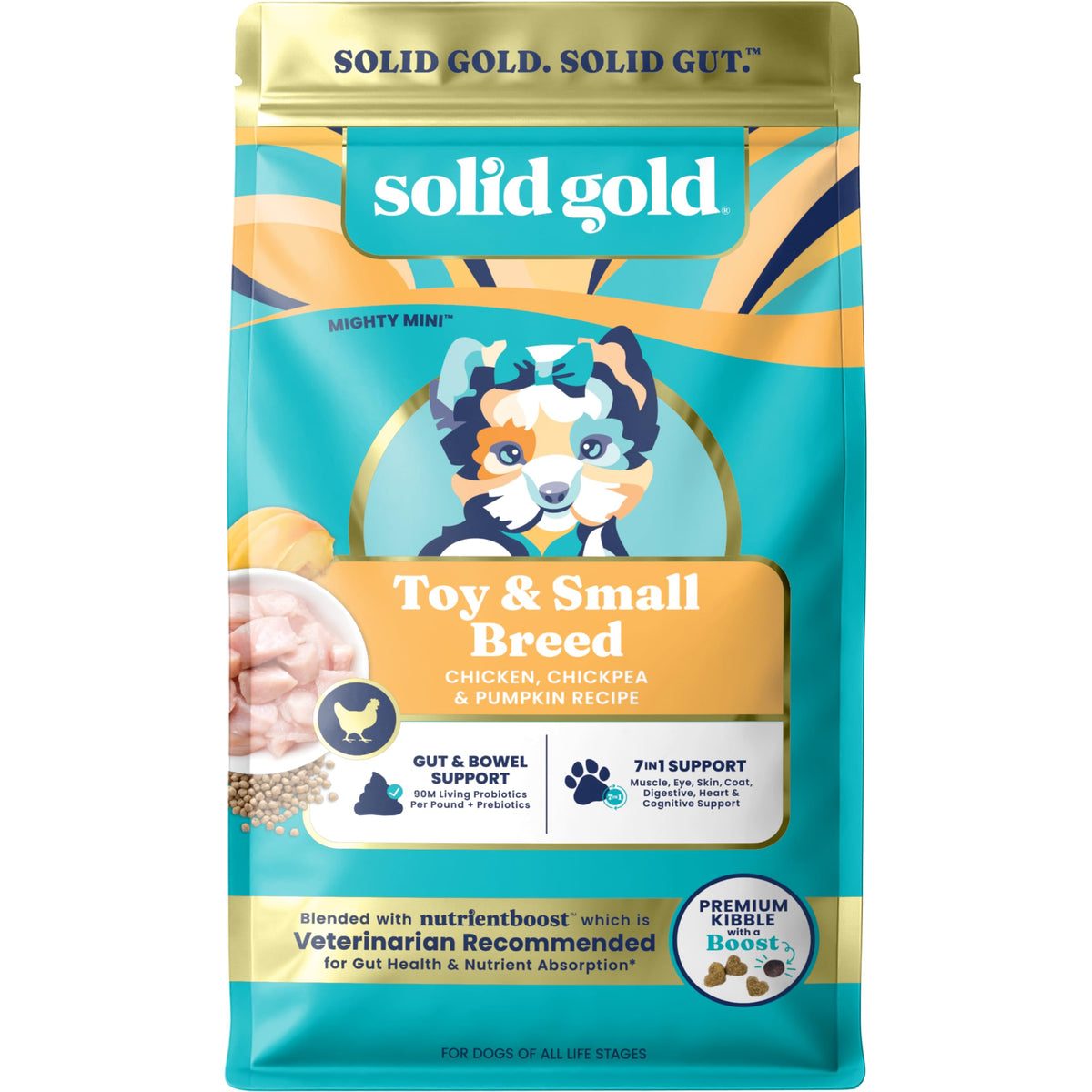 Solid Gold Toy & Small Breed dry dog food with real chicken for lean muscles.