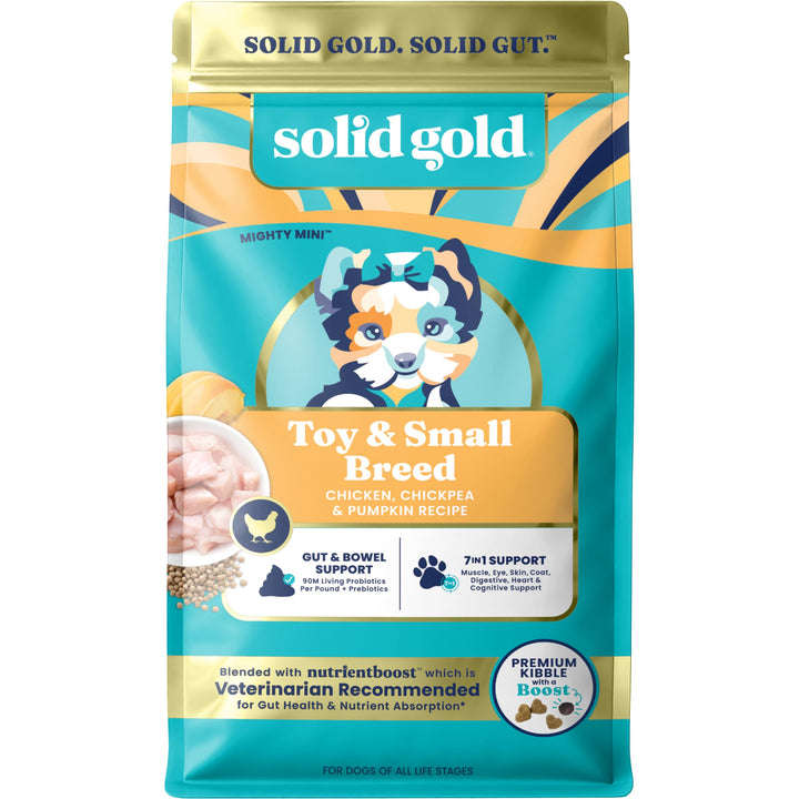 Solid Gold toy and small breed kibble bag-front highlights grain-free formula with probiotics.
