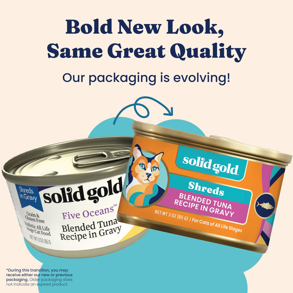 Close-up of tuna shreds in gravy by Solid Gold, adding moisture and flavor