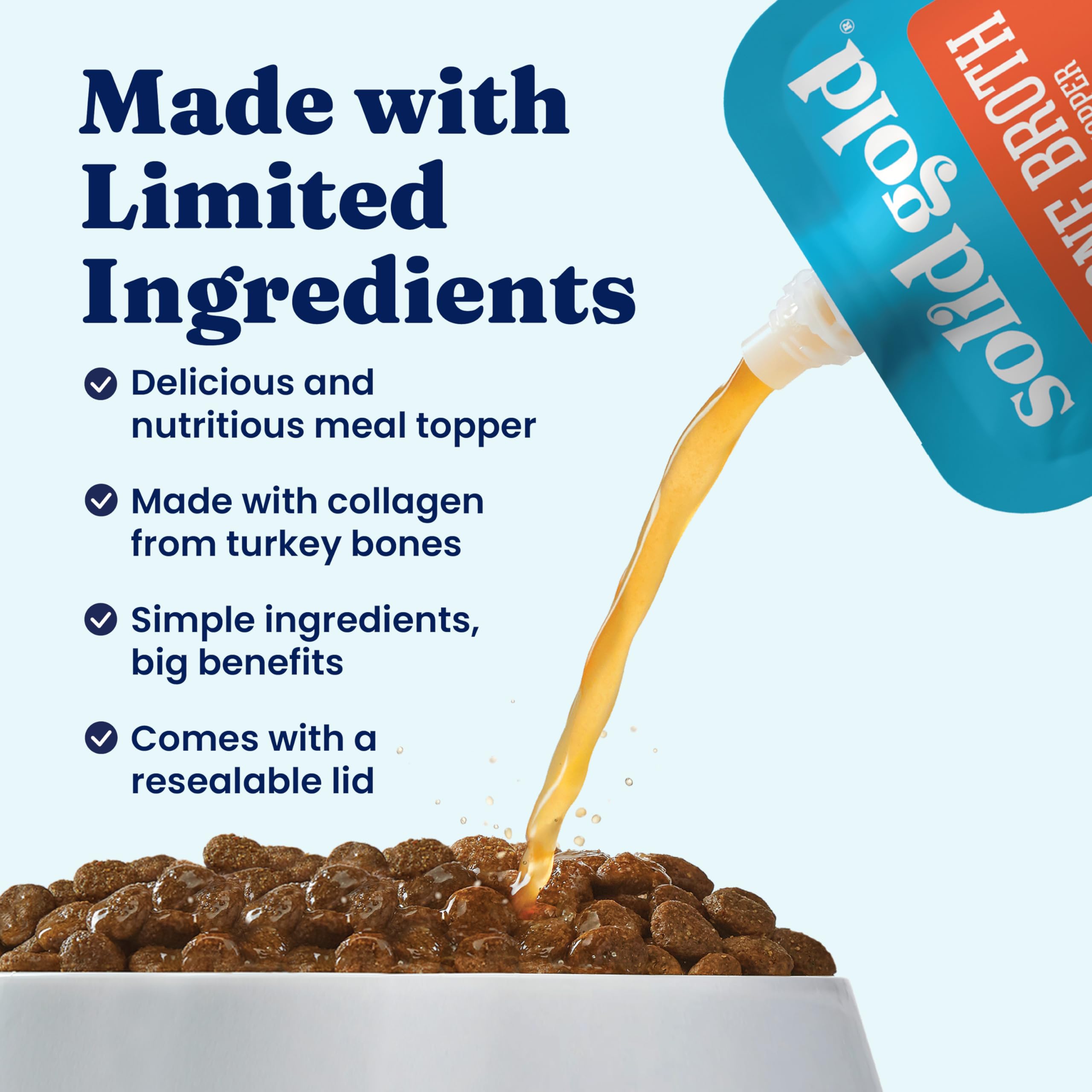 Solid Gold turkey bone broth on dry food boosts palatability for picky eaters