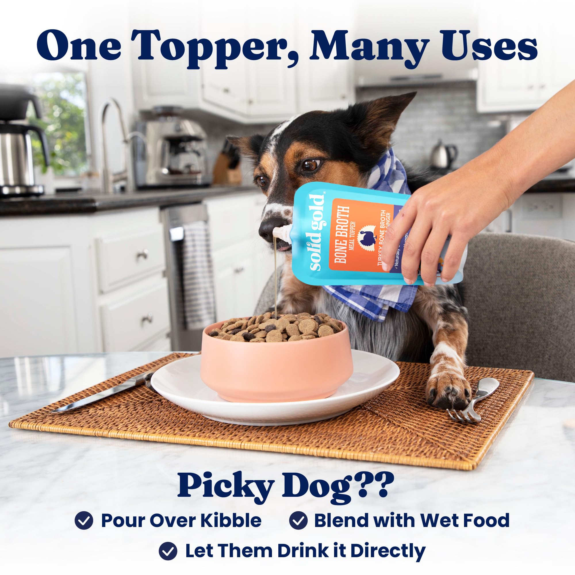 Solid Gold turkey bone broth six-pack packaging offers convenient, long-lasting toppers