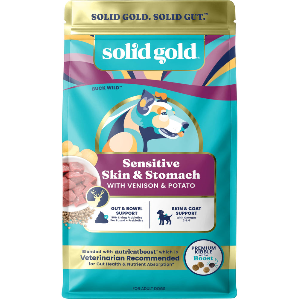 Solid Gold venison dry dog food, rich protein for daily meals and energy.