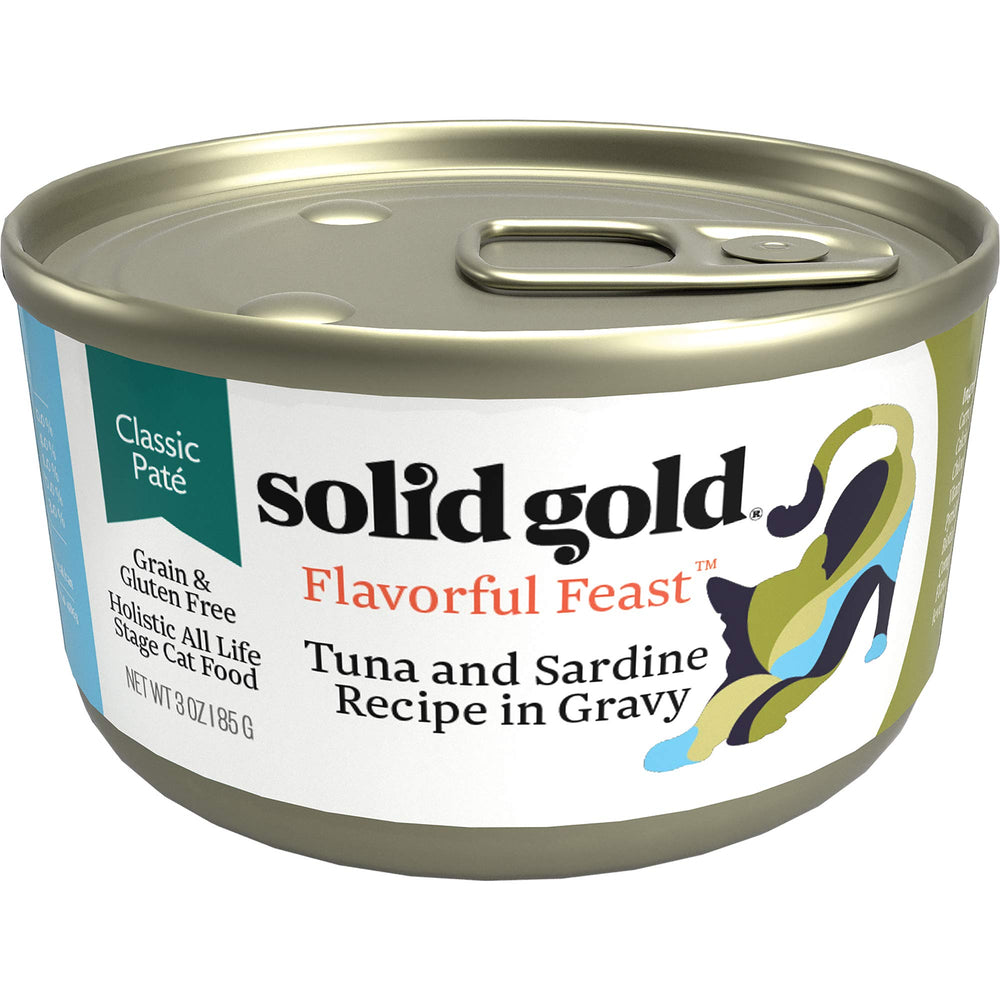 Solid Gold Wet Cat Food Pate ingredients closeup emphasizes tuna and sardine inclusions.