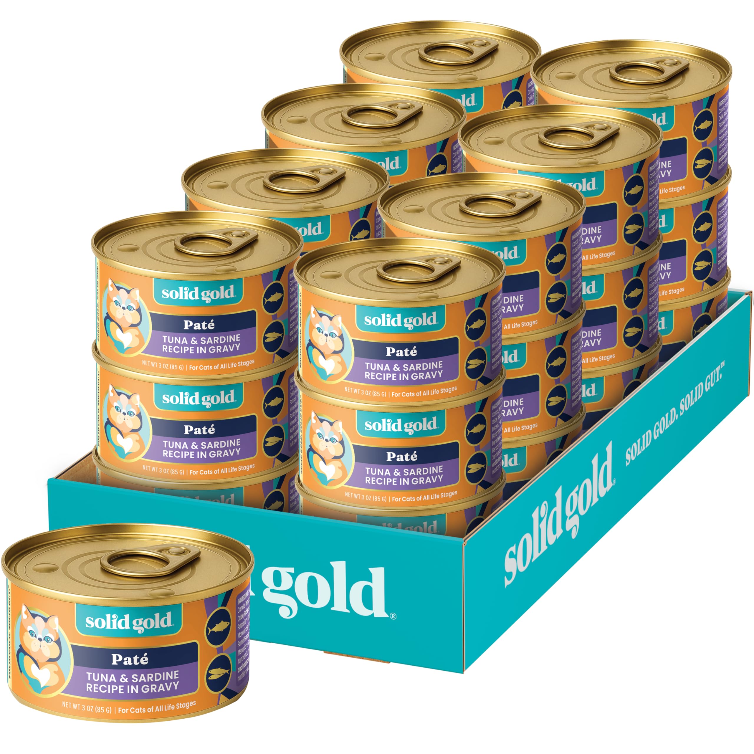 Solid Gold Wet Cat Food Pate with tuna and sardine in serving, protein-rich meal option.