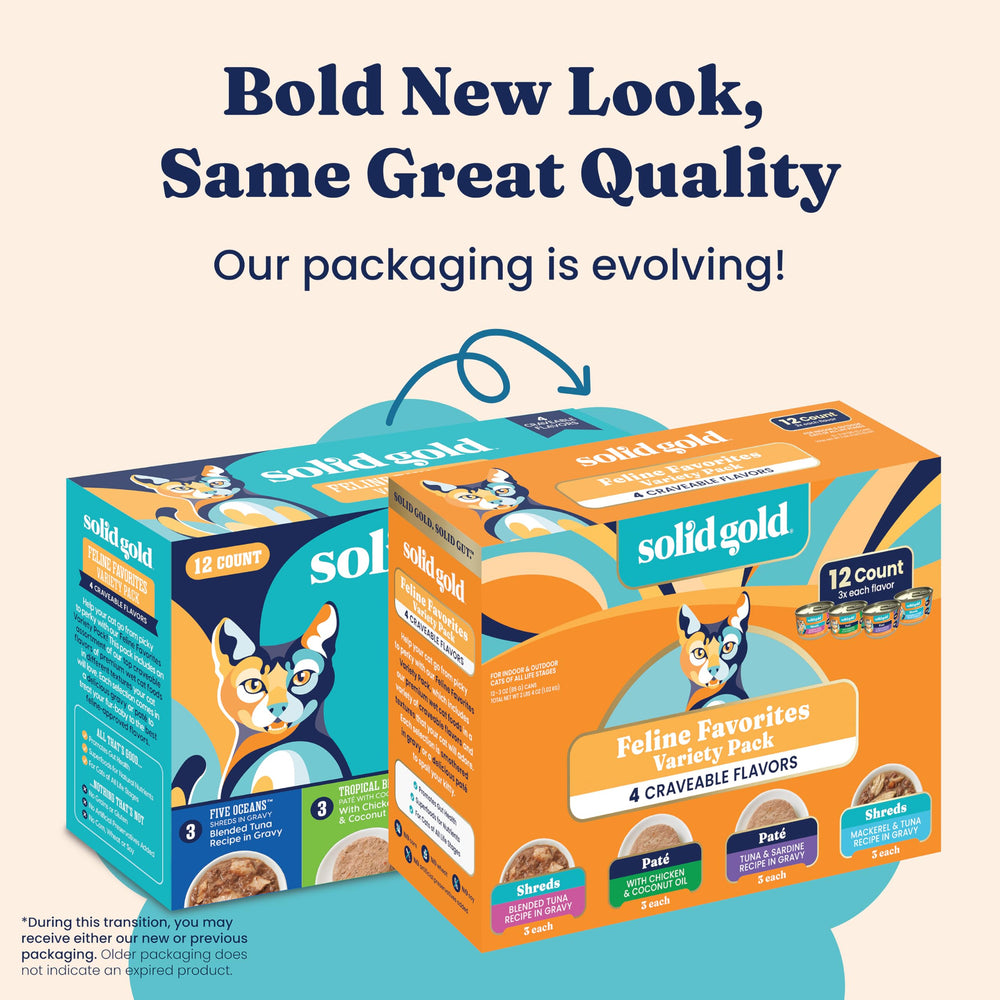 Solid Gold shreds in gravy with tuna, mackerel and sardine for variety.