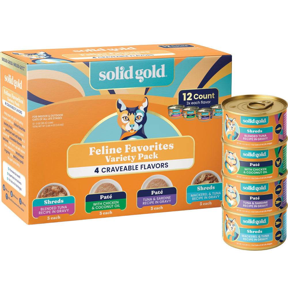 Solid Gold wet cat food variety pack front view, grain-free meals for cats.