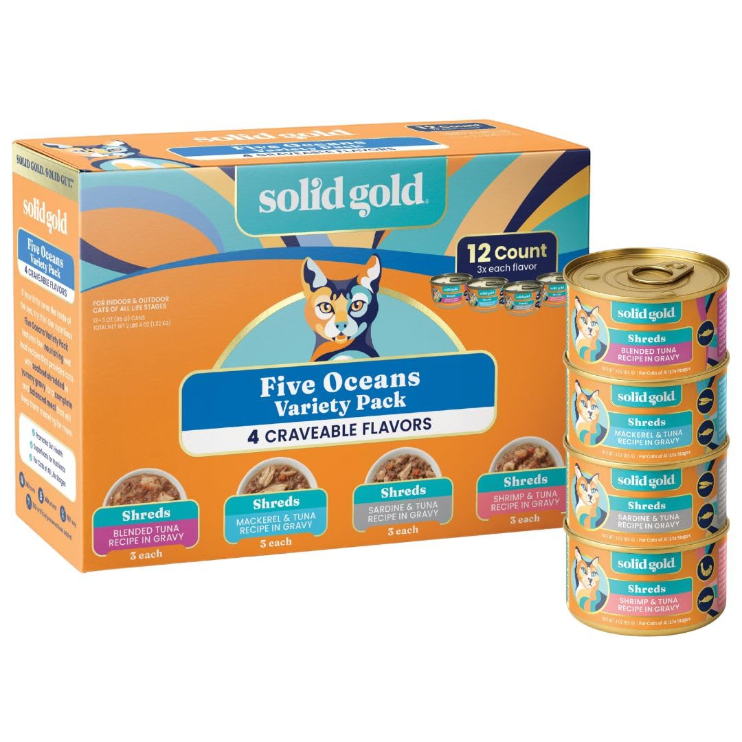 Solid Gold wet cat food variety pack in packshot showing meal variety for cats
