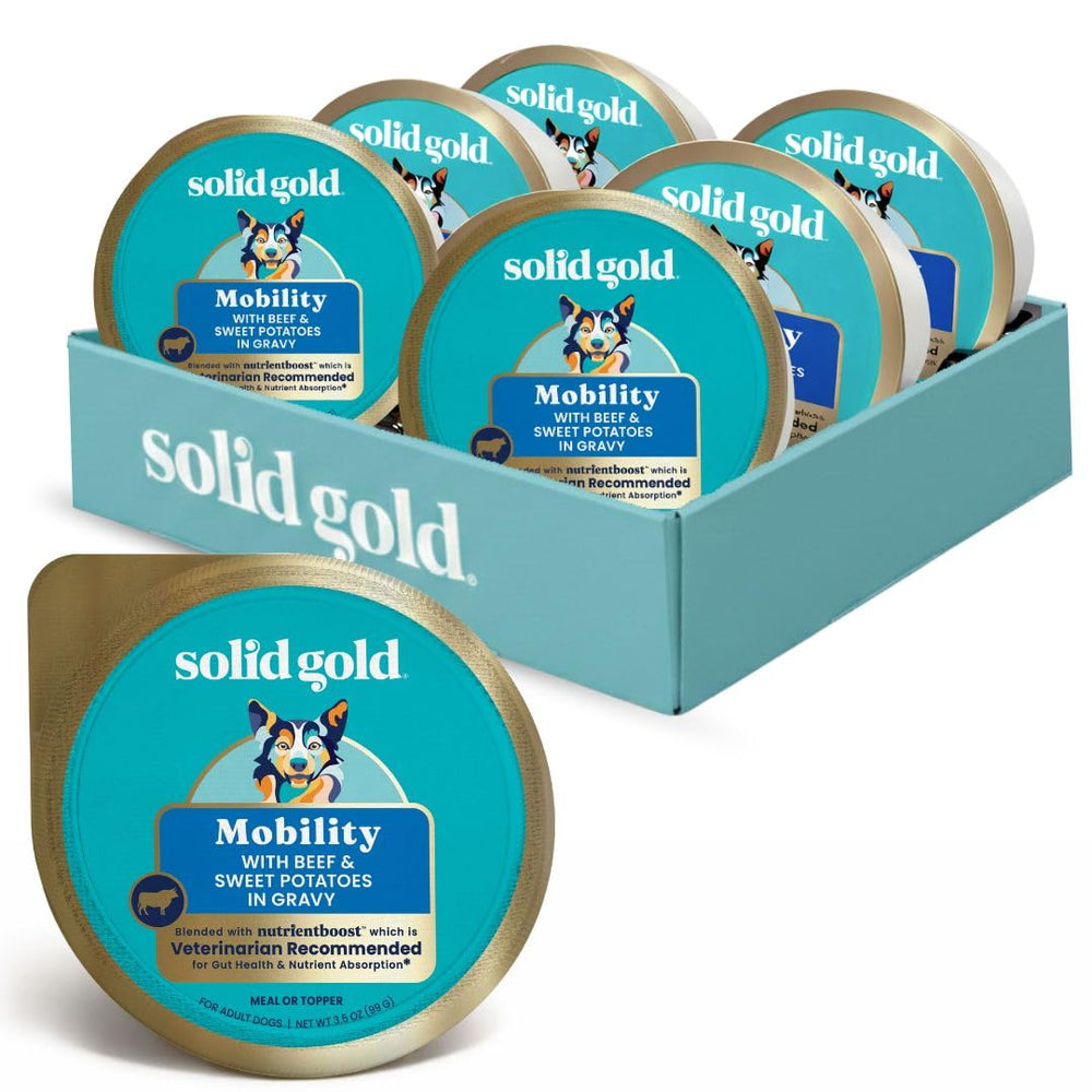 Solid Gold beef-sweet-potato wet dog food topper close-up highlights joint-support nutrition.