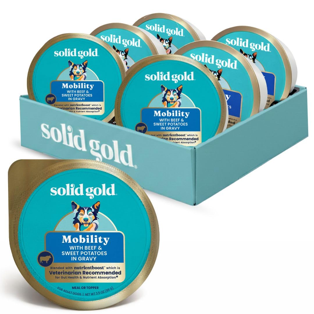Solid Gold beef-sweet-potato wet dog food topper close-up highlights joint-support nutrition.