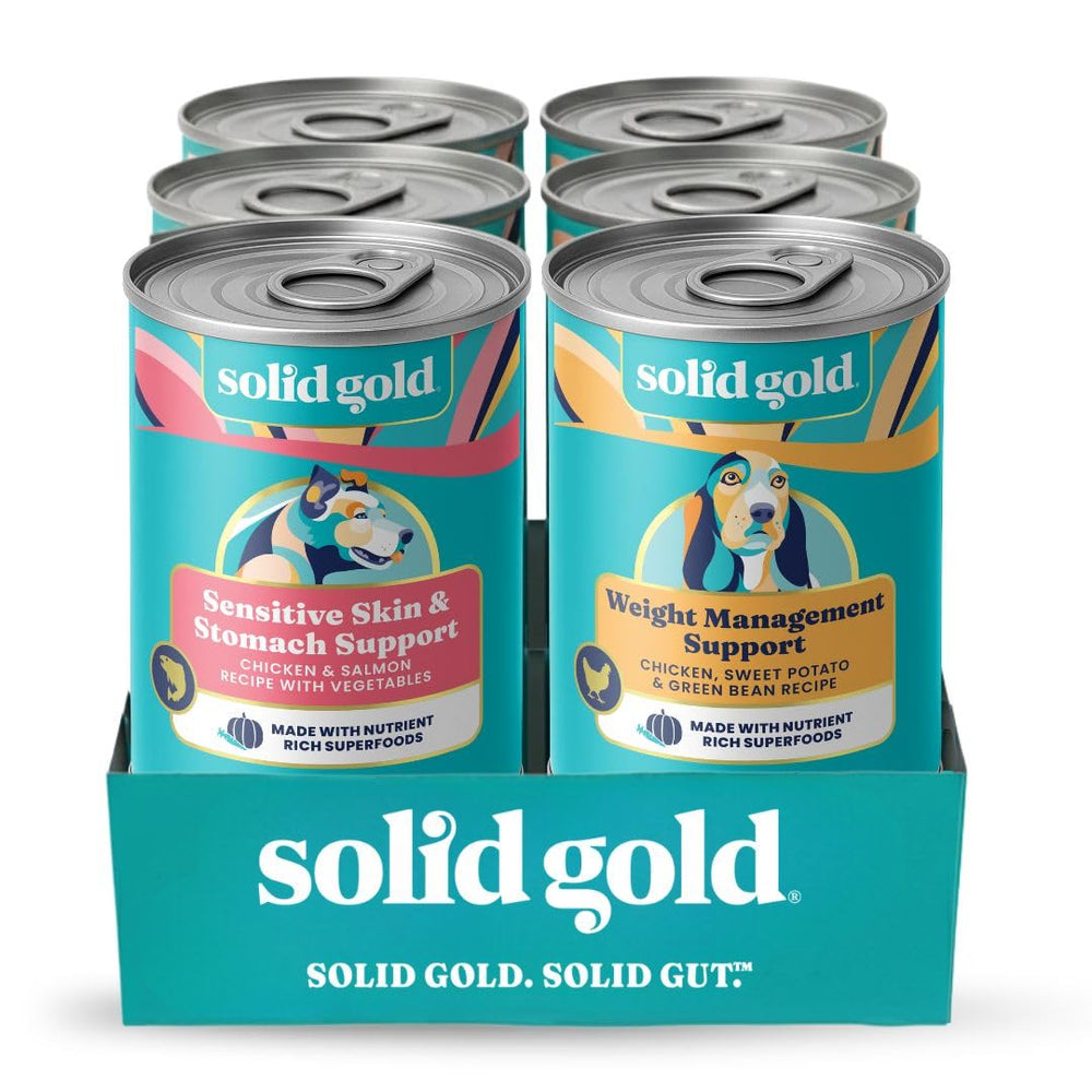 Solid Gold wet dog food variety pack shot showing two formulas for picky eaters