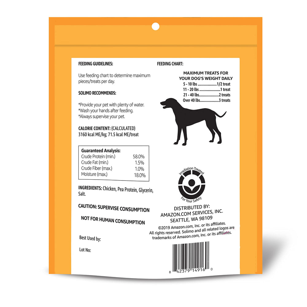 Solimo chicken jerky closeup chewy texture highlights tender strips ideal for training.
