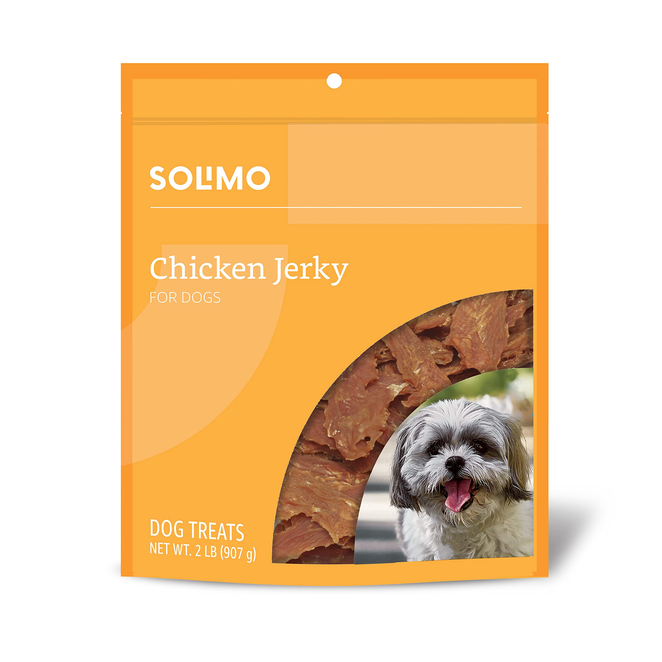 Solimo chicken jerky dog treats packaging front shows the bag and branding for tasty rewards.