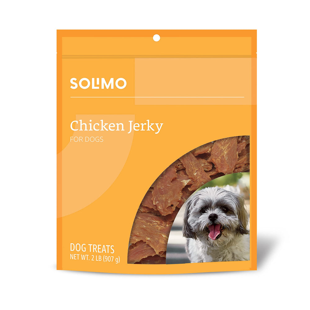 Solimo chicken jerky dog treats packaging front shows the bag and branding for tasty rewards.