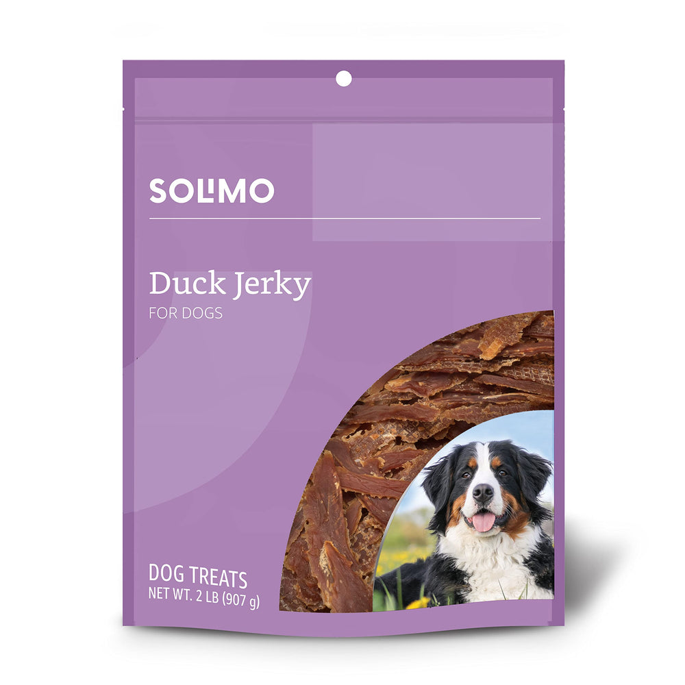 Solimo duck jerky dog treats 2 lb pack, ideal reward snack for dogs.