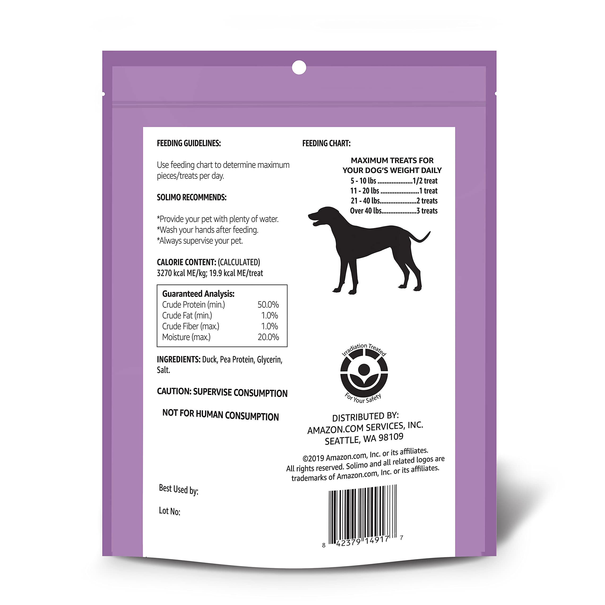 Solimo duck jerky dog treats front view of packaging for identification.