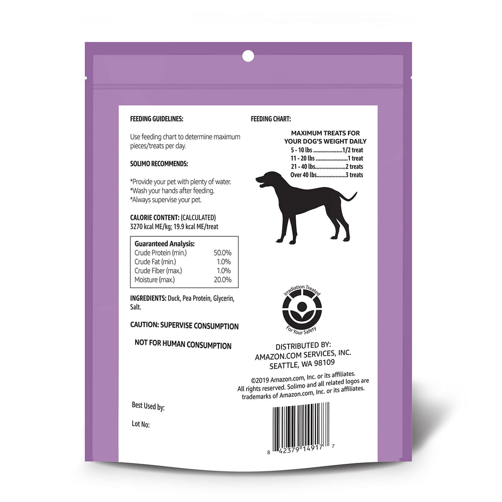 Solimo duck jerky dog treats front view of packaging for identification.