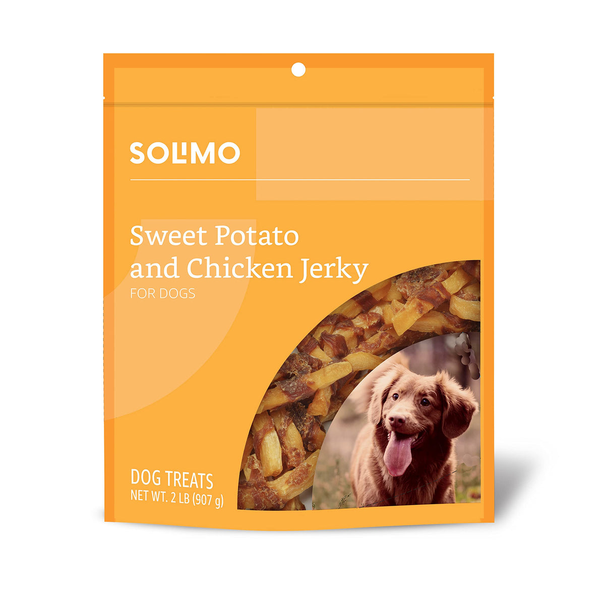 Solimo packaging for sweet potato and chicken jerky dog treats, 2 lb bag