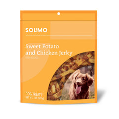 Solimo packaging for sweet potato and chicken jerky dog treats, 2 lb bag