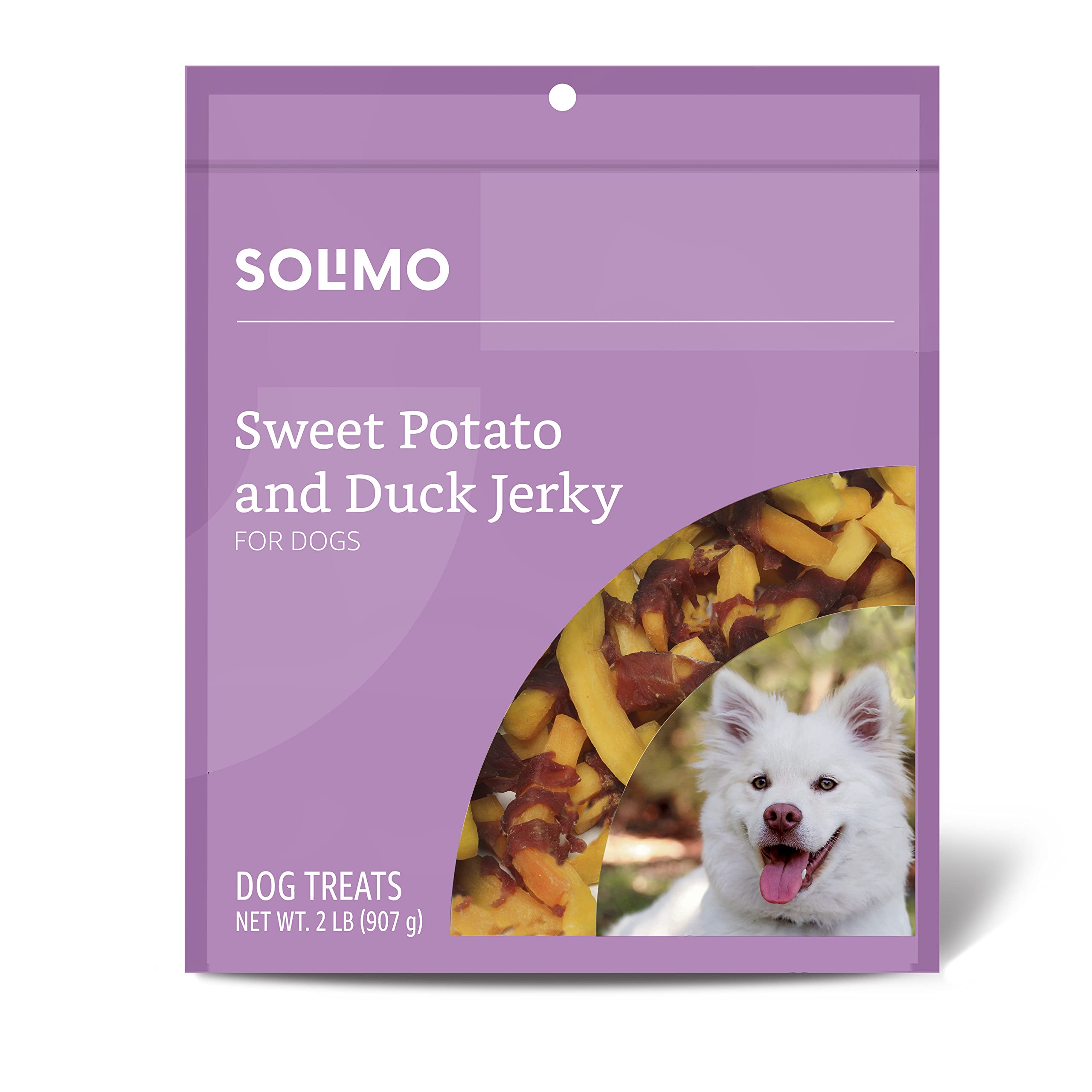 Solimo sweet potato duck jerky bag with brand visible, ideal as a training reward.