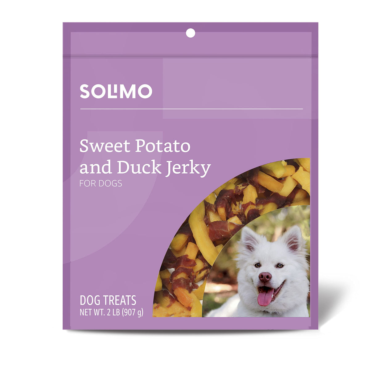 Solimo sweet potato duck jerky bag with brand visible, ideal as a training reward.