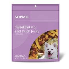 Solimo sweet potato duck jerky bag with brand visible, ideal as a training reward.