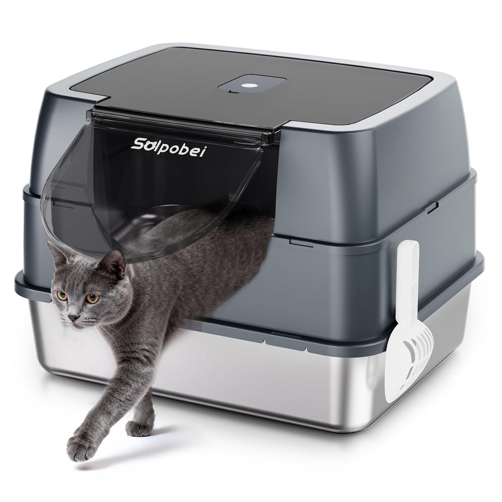 Solpobei enclosed stainless steel litter box with lid provides privacy and odor control.