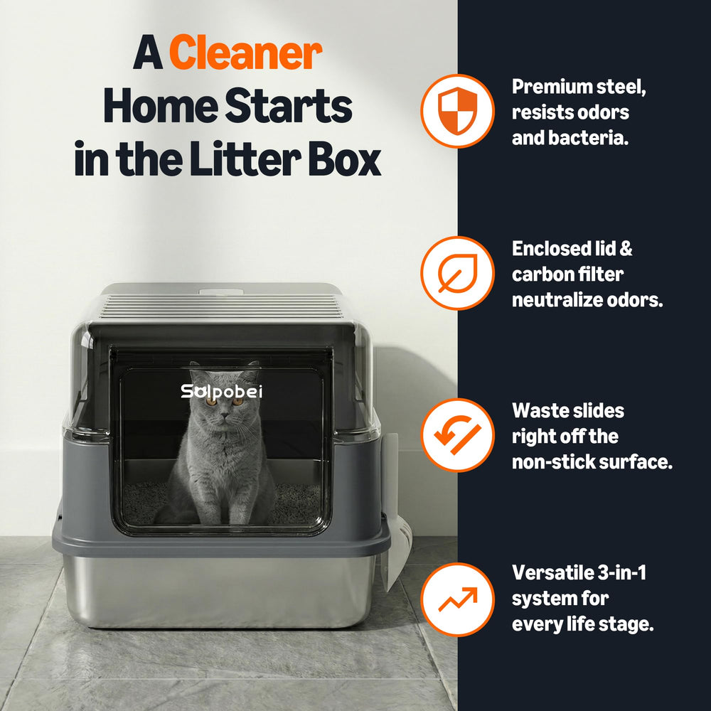 Enclosed Solpobei litter box design helps contain odors and litter.