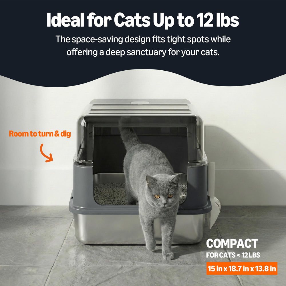 High-sided Solpobei litter box to reduce mess from digging cats.