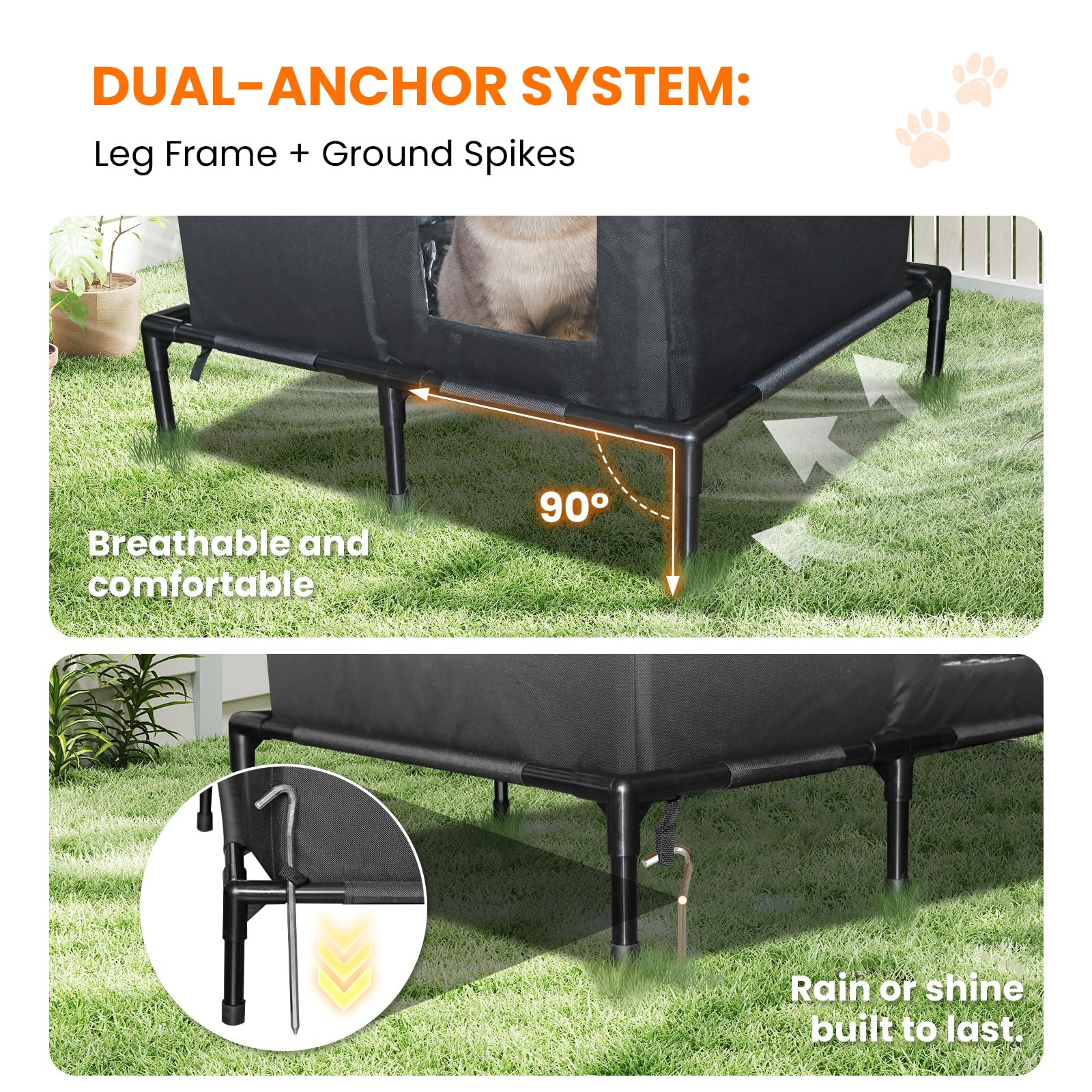 Solvify Outdoor Cat House ground stakes improve stability in windy yards.