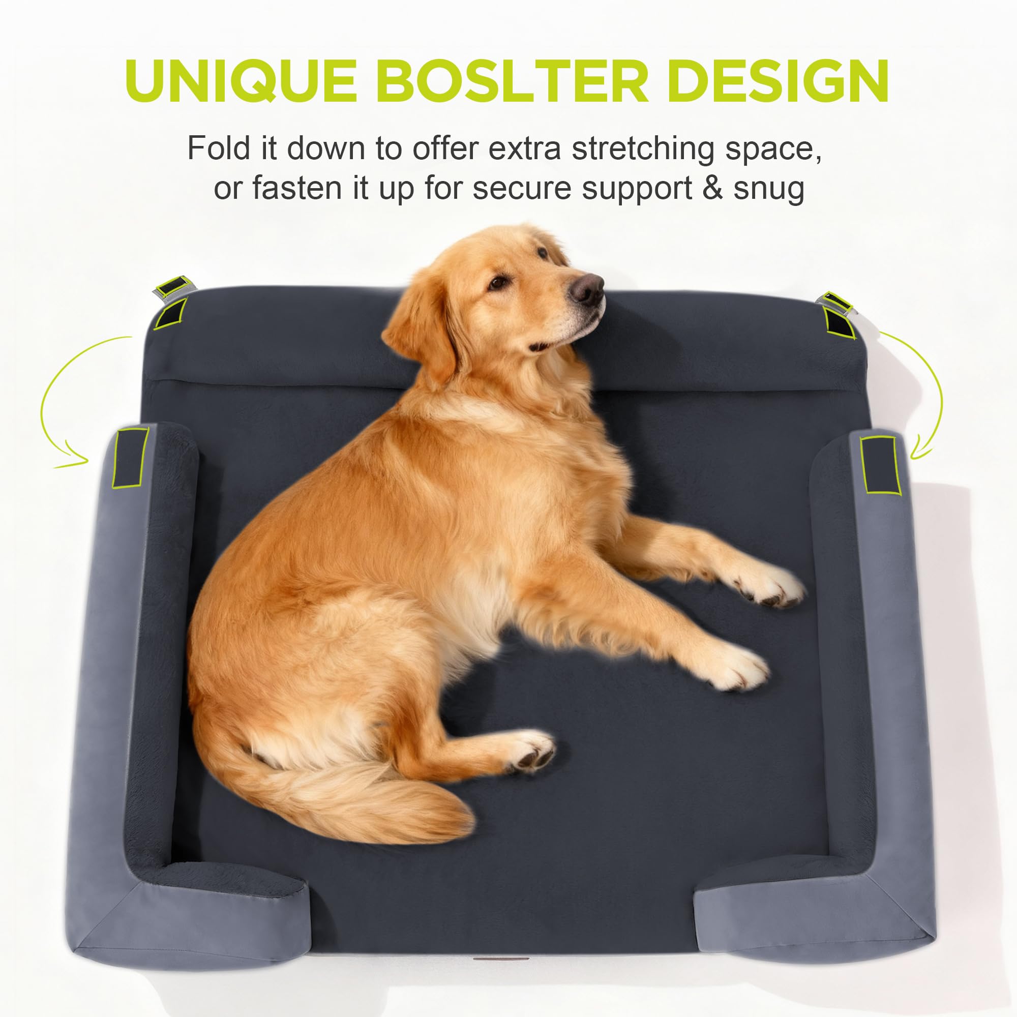 Song Puppy plush surface with three bolsters enhances cozy, secure lounging.