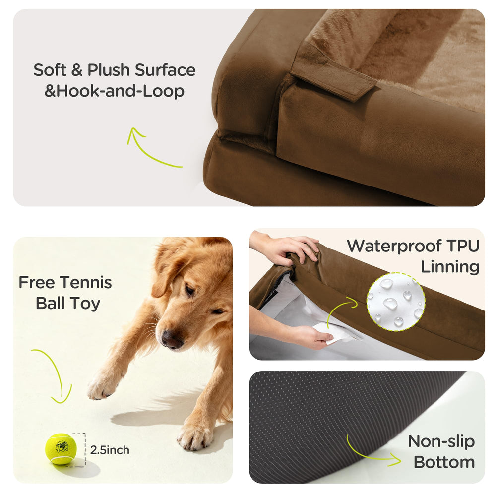 Song Puppy tennis ball toy invites safe, playful interaction beside the bed.