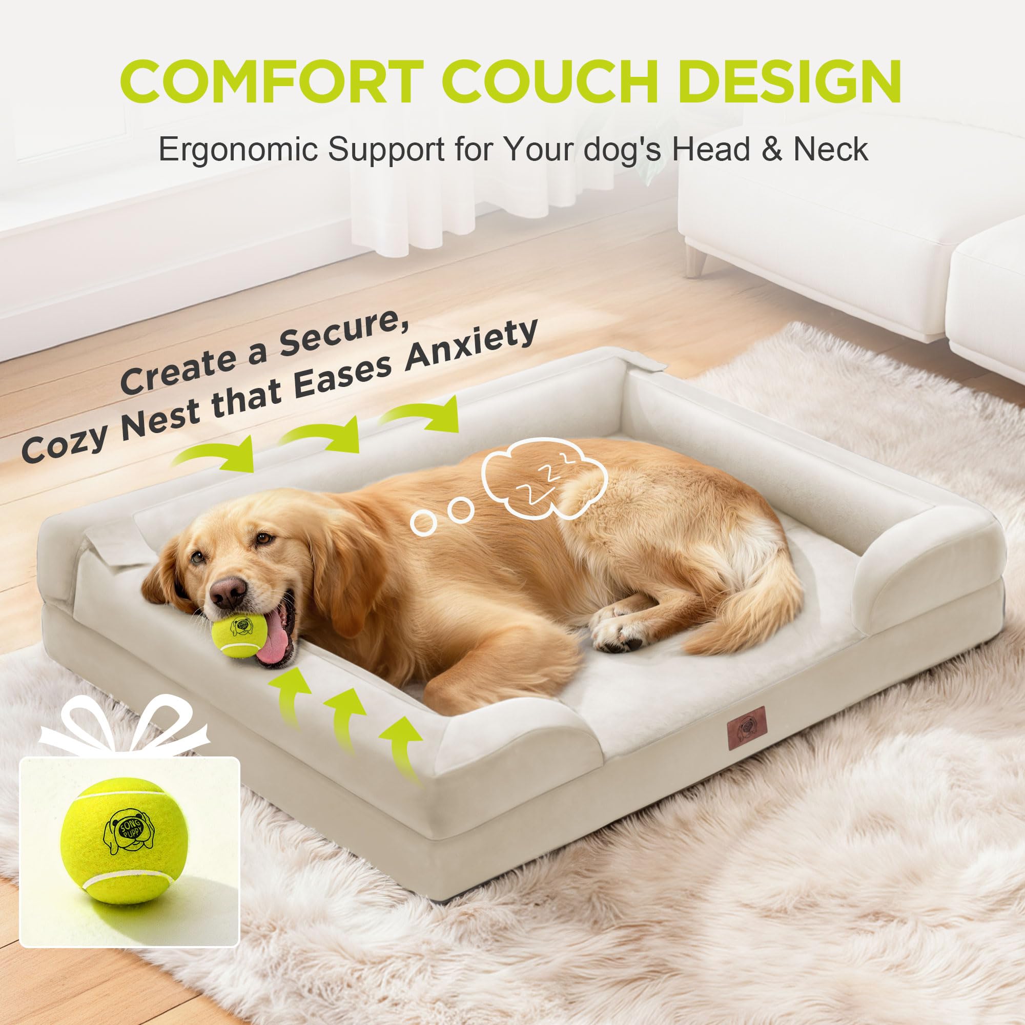 Includes a tennis ball toy with Song Puppy bed for interactive play.