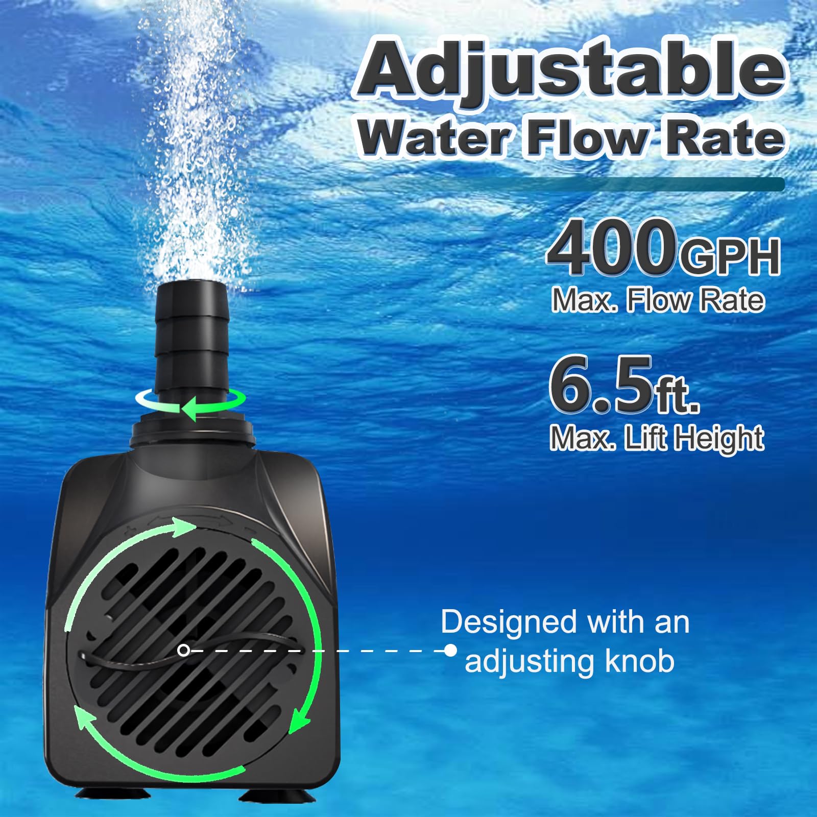 SongLong 400GPH submersible pump side view showing adjustable flow.