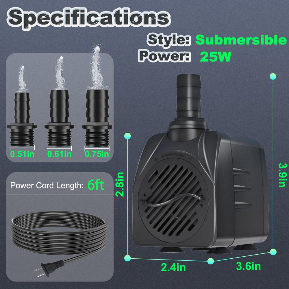 Three nozzles provide varied water patterns for dynamic displays.