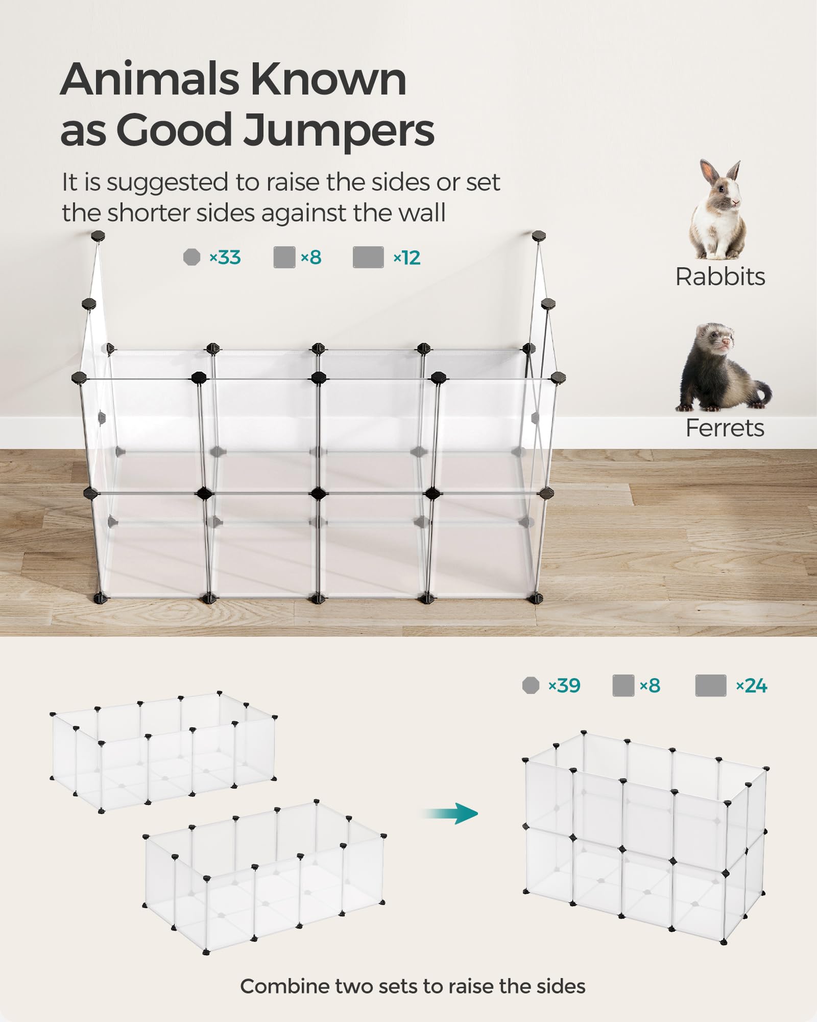 SONGMICS customizable pet pen in an L-shape fits corner spaces.