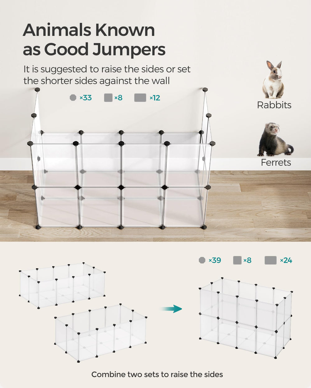 SONGMICS customizable pet pen in an L-shape fits corner spaces.