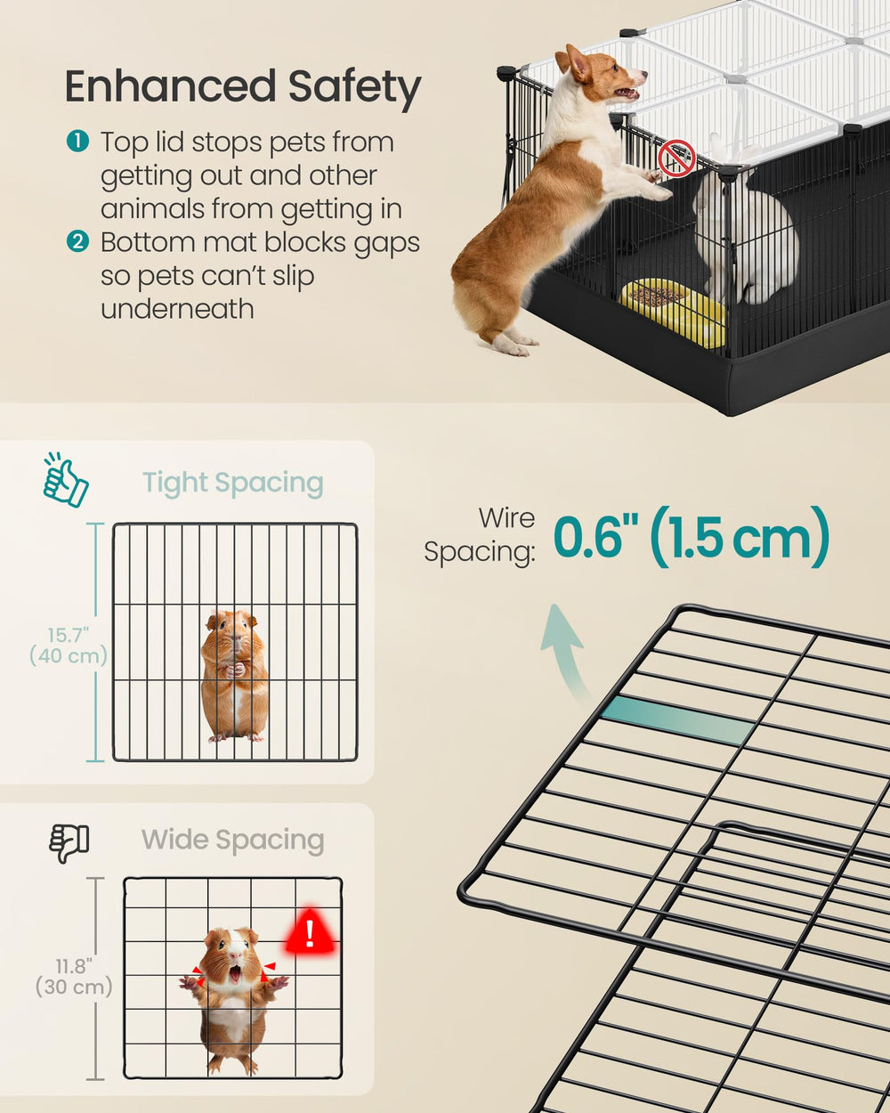 SONGMICS see-through roof keeps an eye on pets while preventing escapes.
