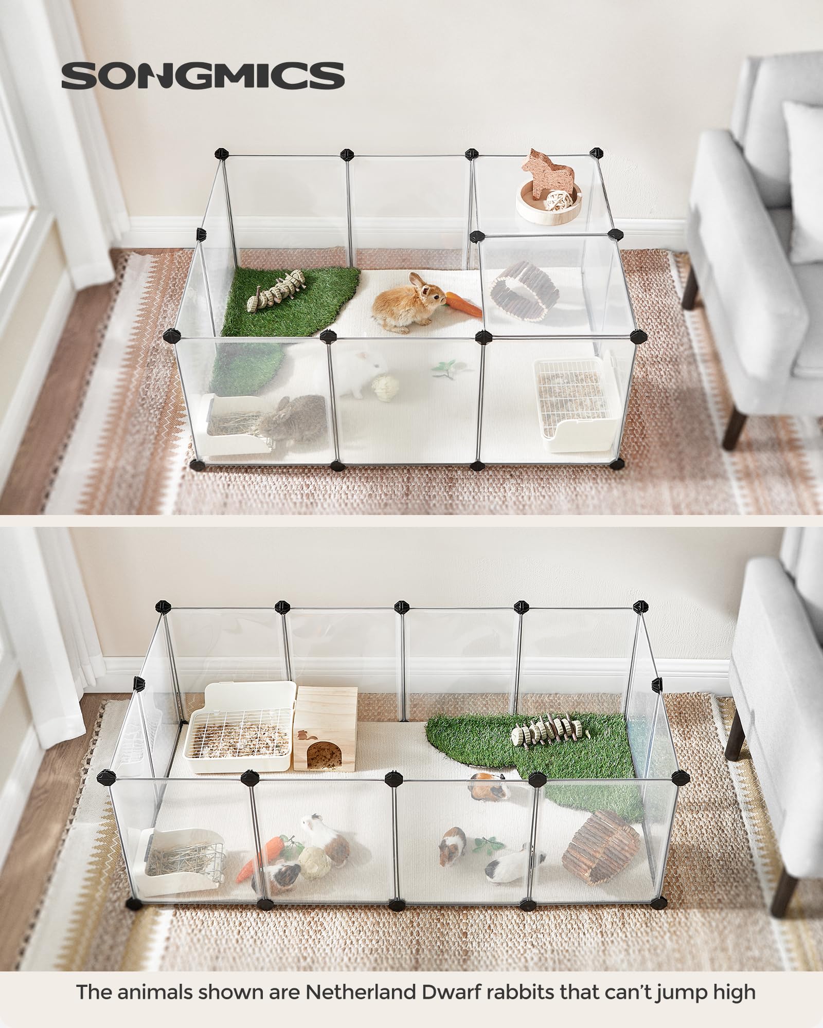 SONGMICS indoor small animal enclosure with modular panels for flexible setup.
