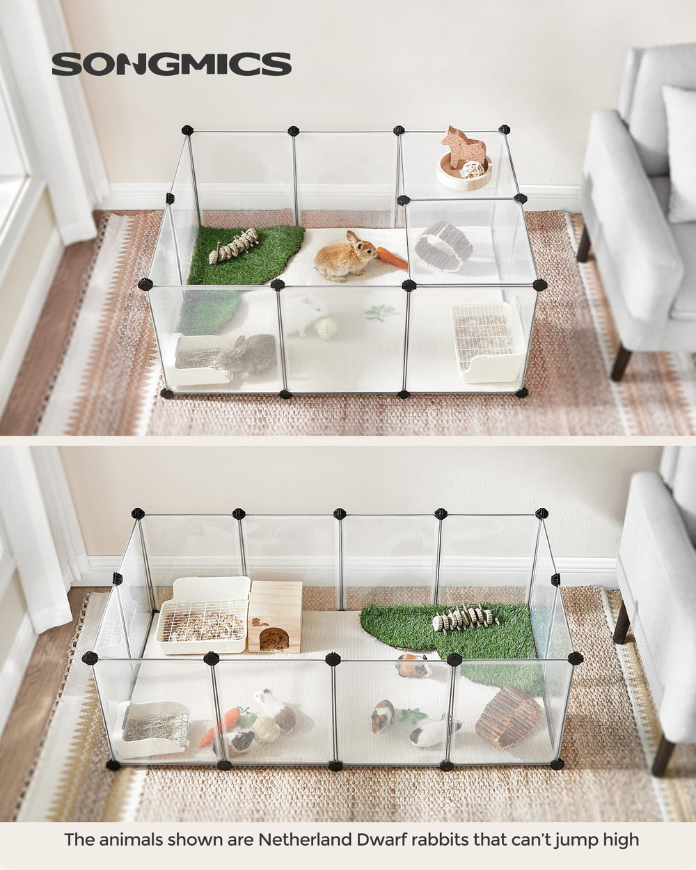 SONGMICS indoor small animal enclosure with modular panels for flexible setup.