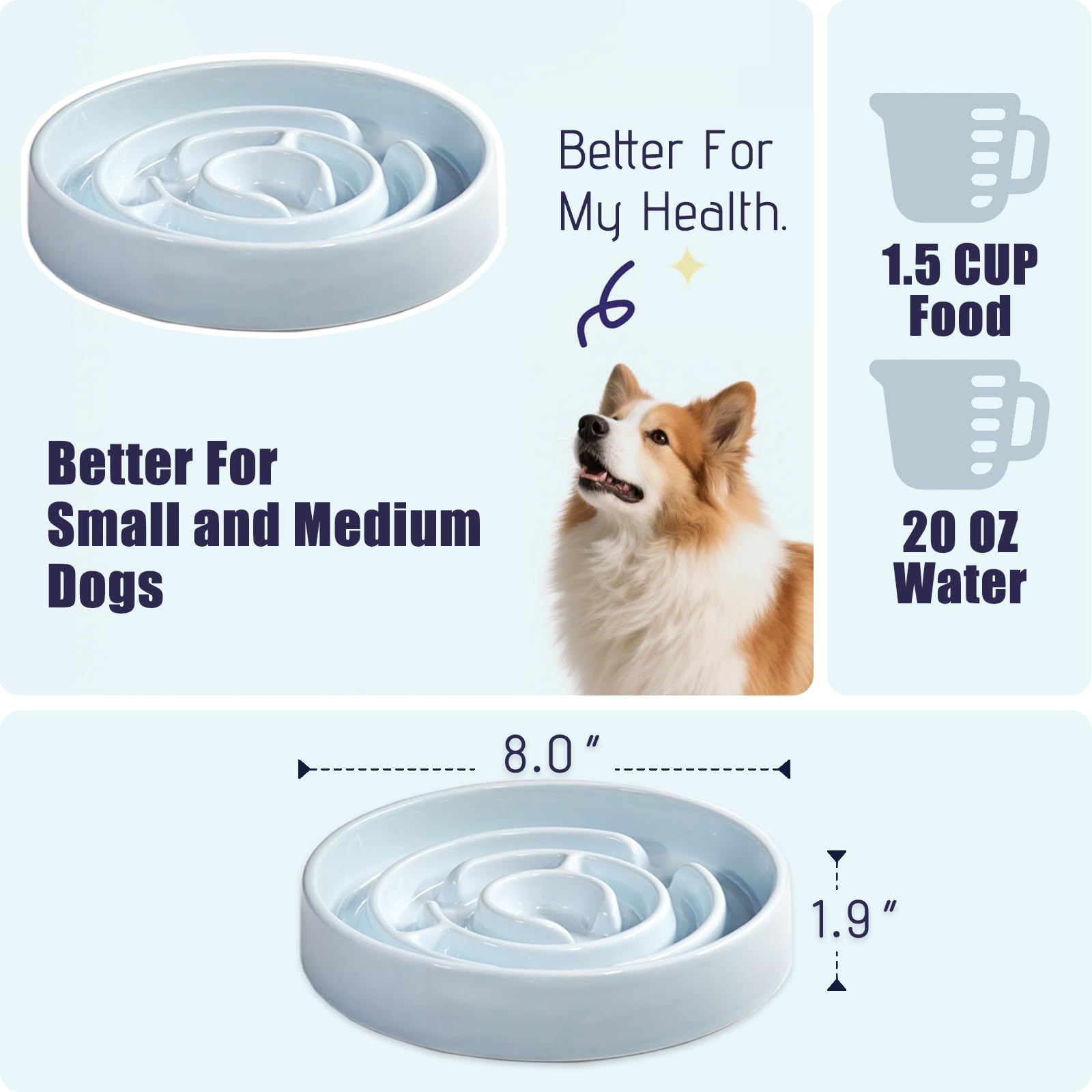 Soniuong blue ceramic bowl with maze; slows eating for small to medium dogs.