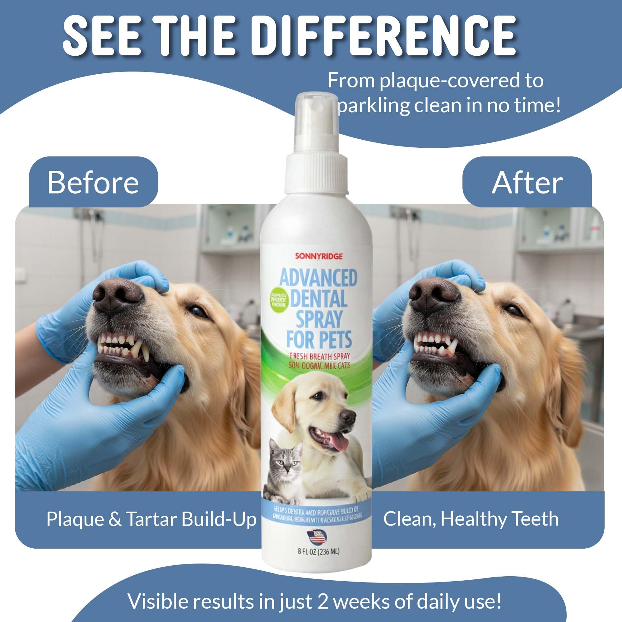 Sonnyridge dog dental spray applies directly to teeth and gums for oral care.