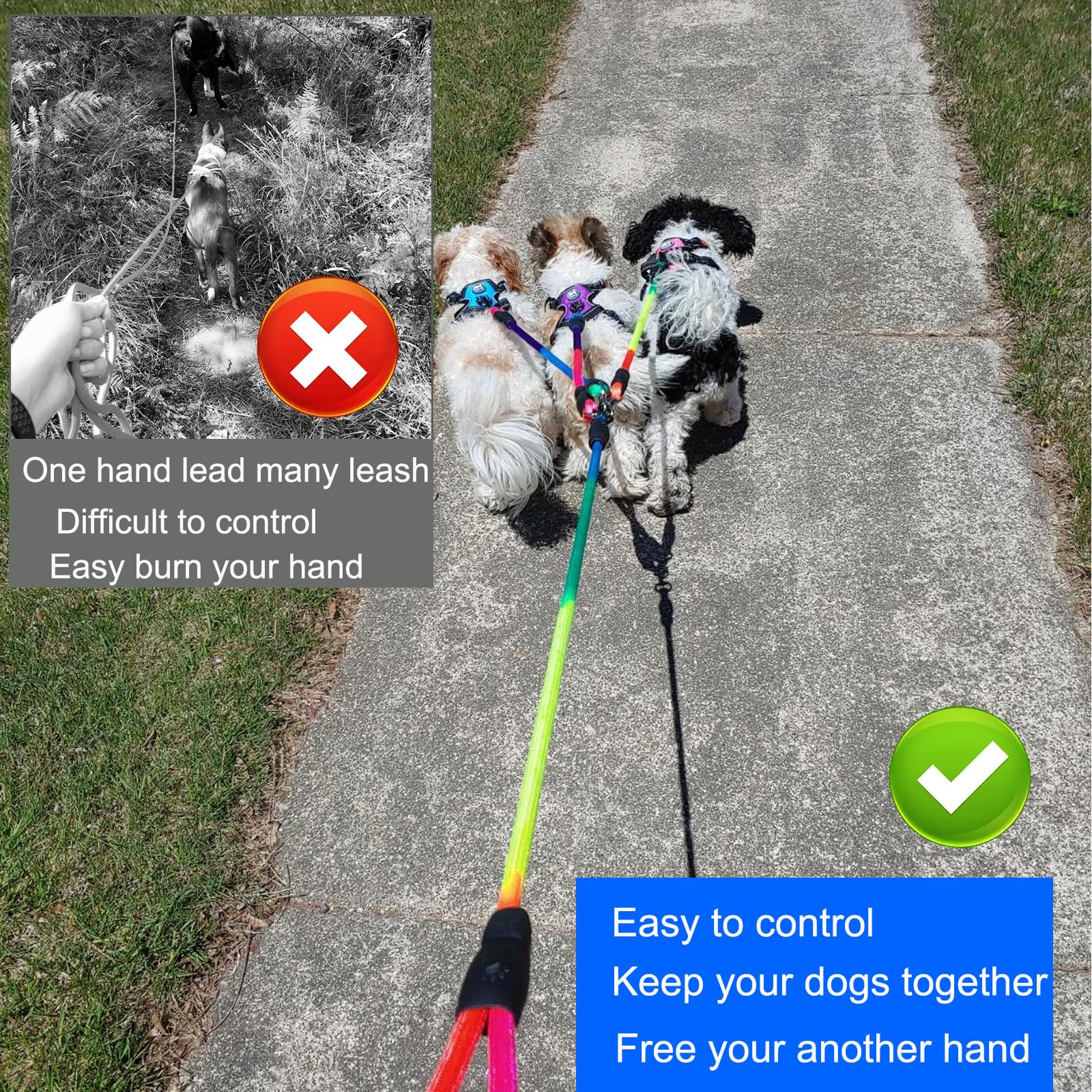 SONQUEEN double-dog leash with 360° swivel prevents twists during walks.