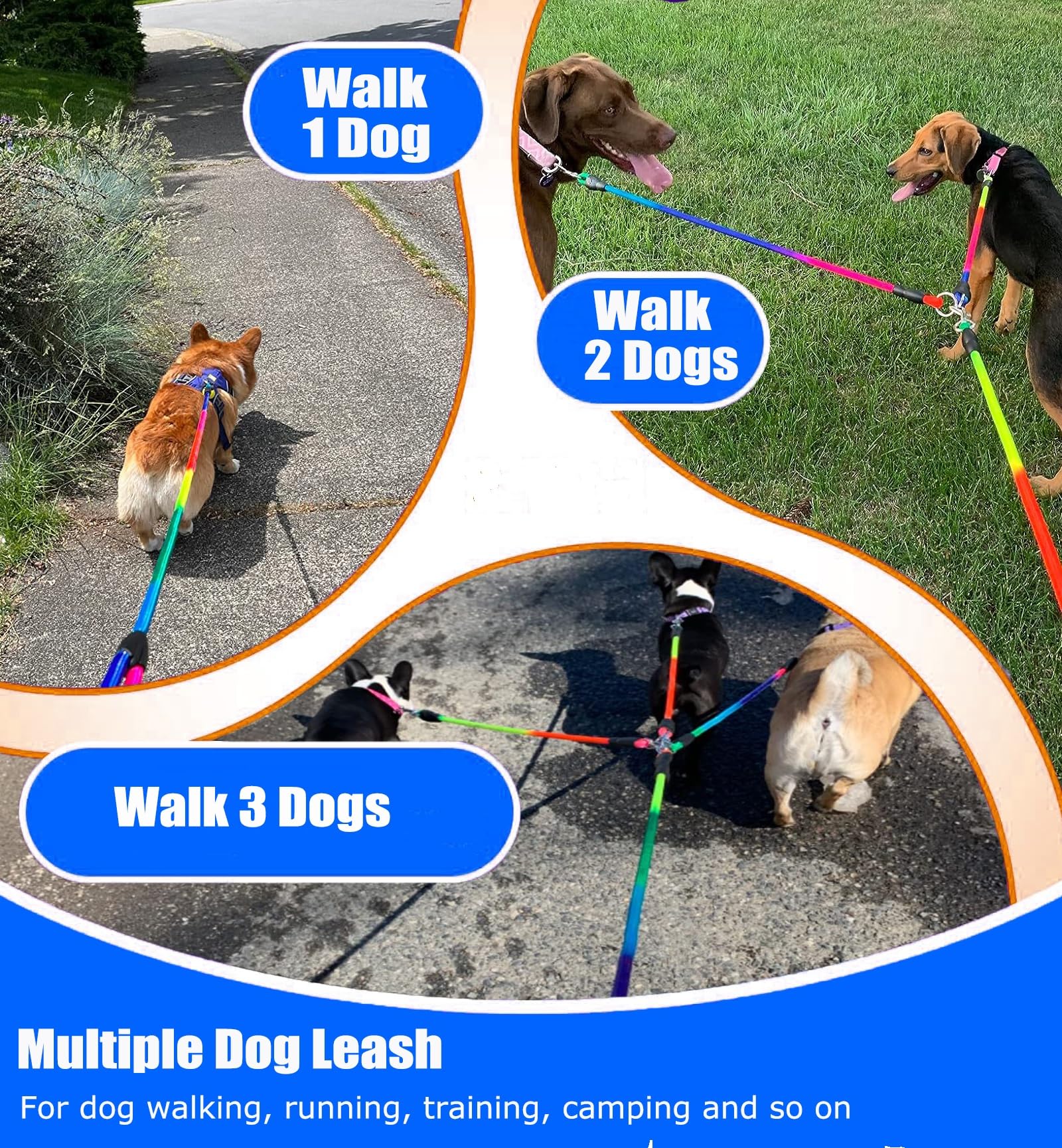 SONQUEEN triple-dog leash detachable for flexible one, two, or three-dog outings.