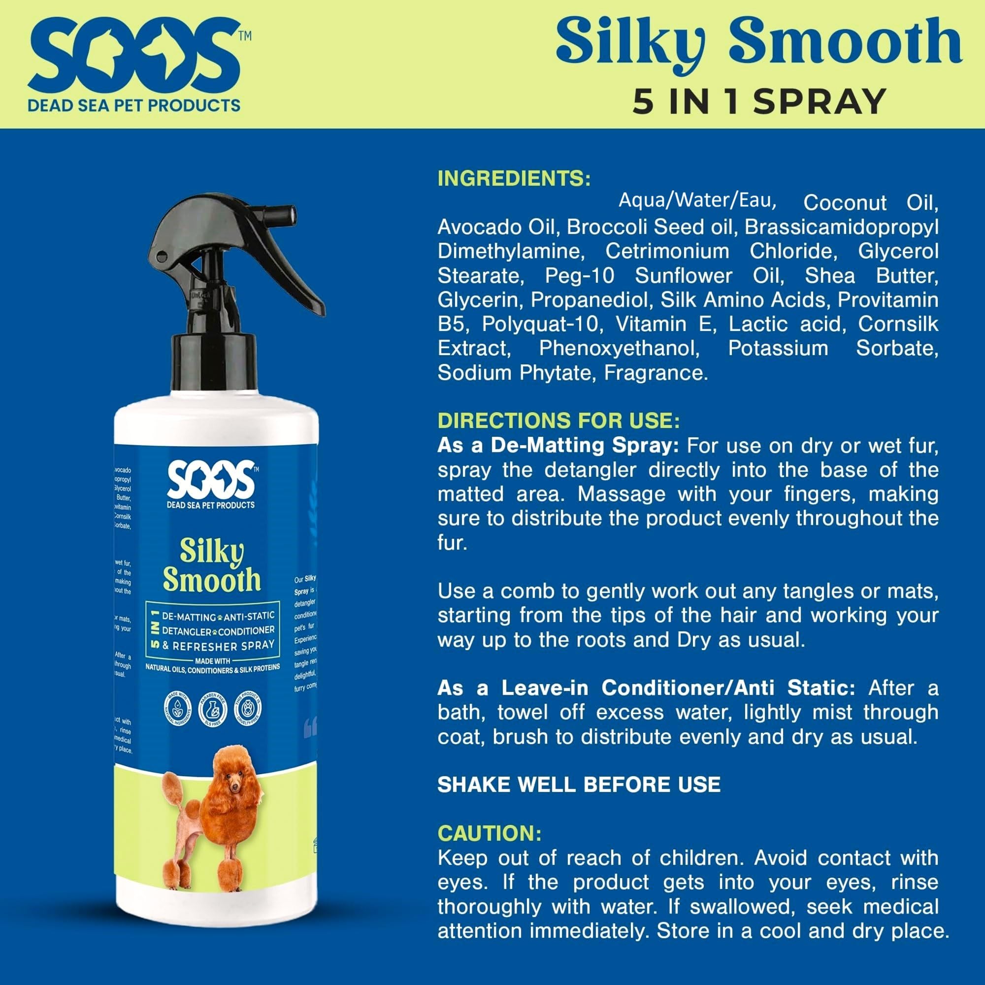 SOOS Pet Silky Smooth 500ml bottle ready for grooming routine.