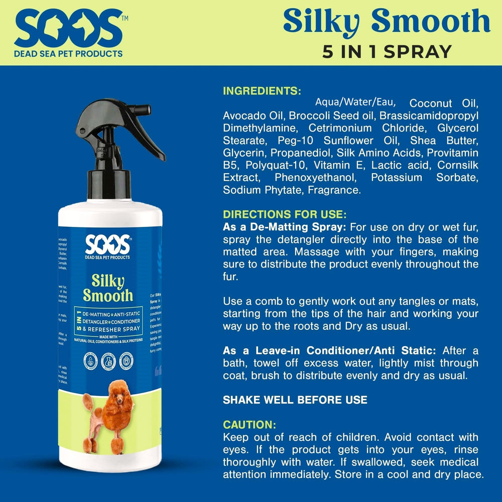 SOOS Pet Silky Smooth 500ml bottle ready for grooming routine.
