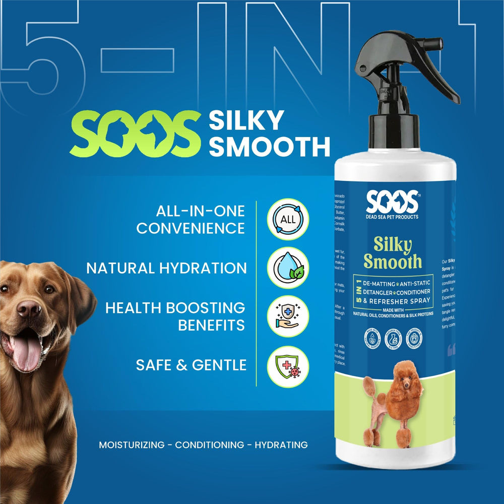 SOOS Pet Silky Smooth leaves-in conditioner to soften fur and boost shine.