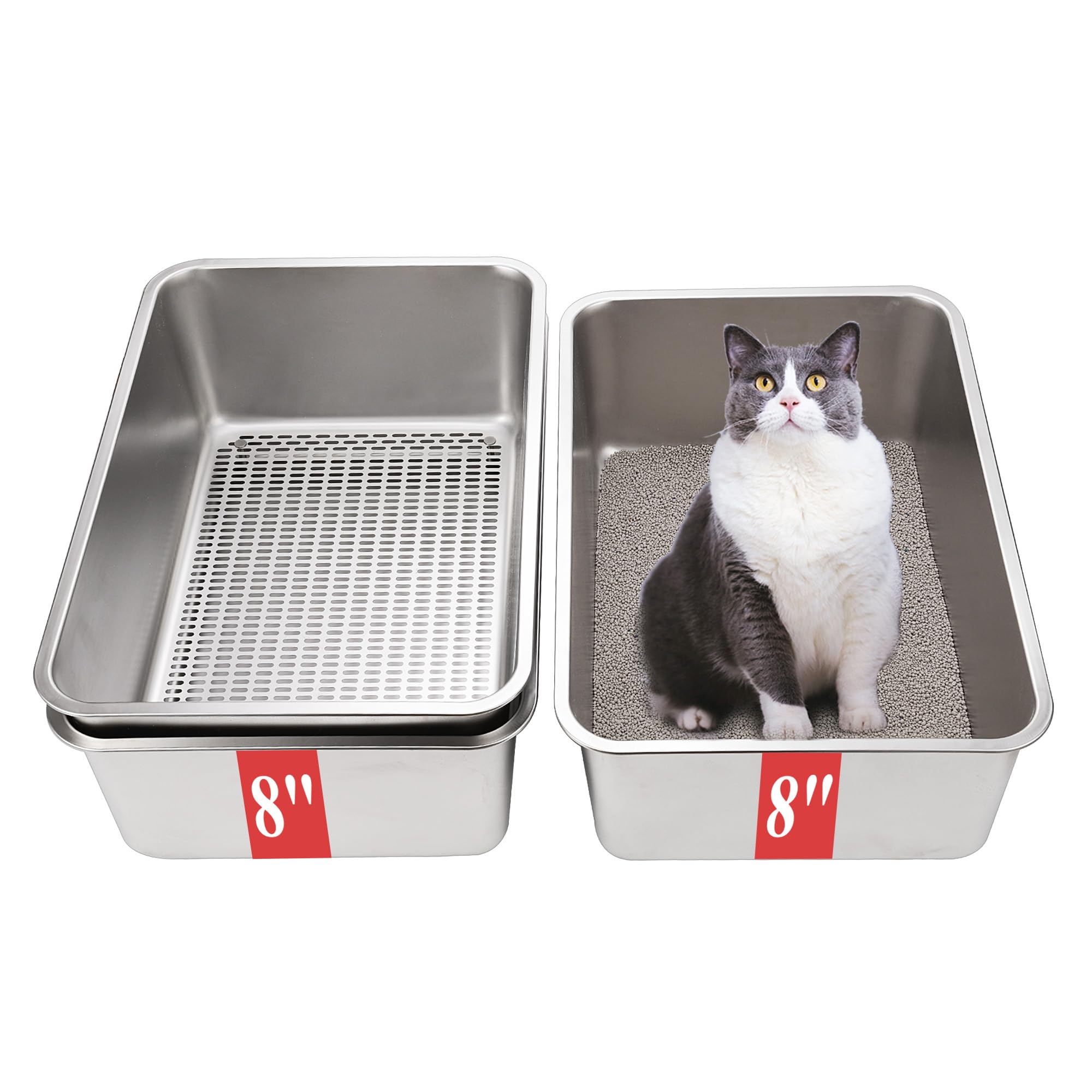 Sorstrem 8in sifting cat litter box pan for efficient waste separation and quick litter cleaning.