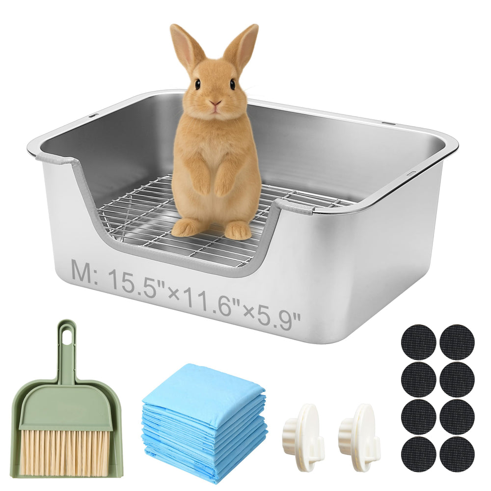 Sorstrem stainless steel sifting rabbit litter box in full view promotes a tidy, hygienic cage.