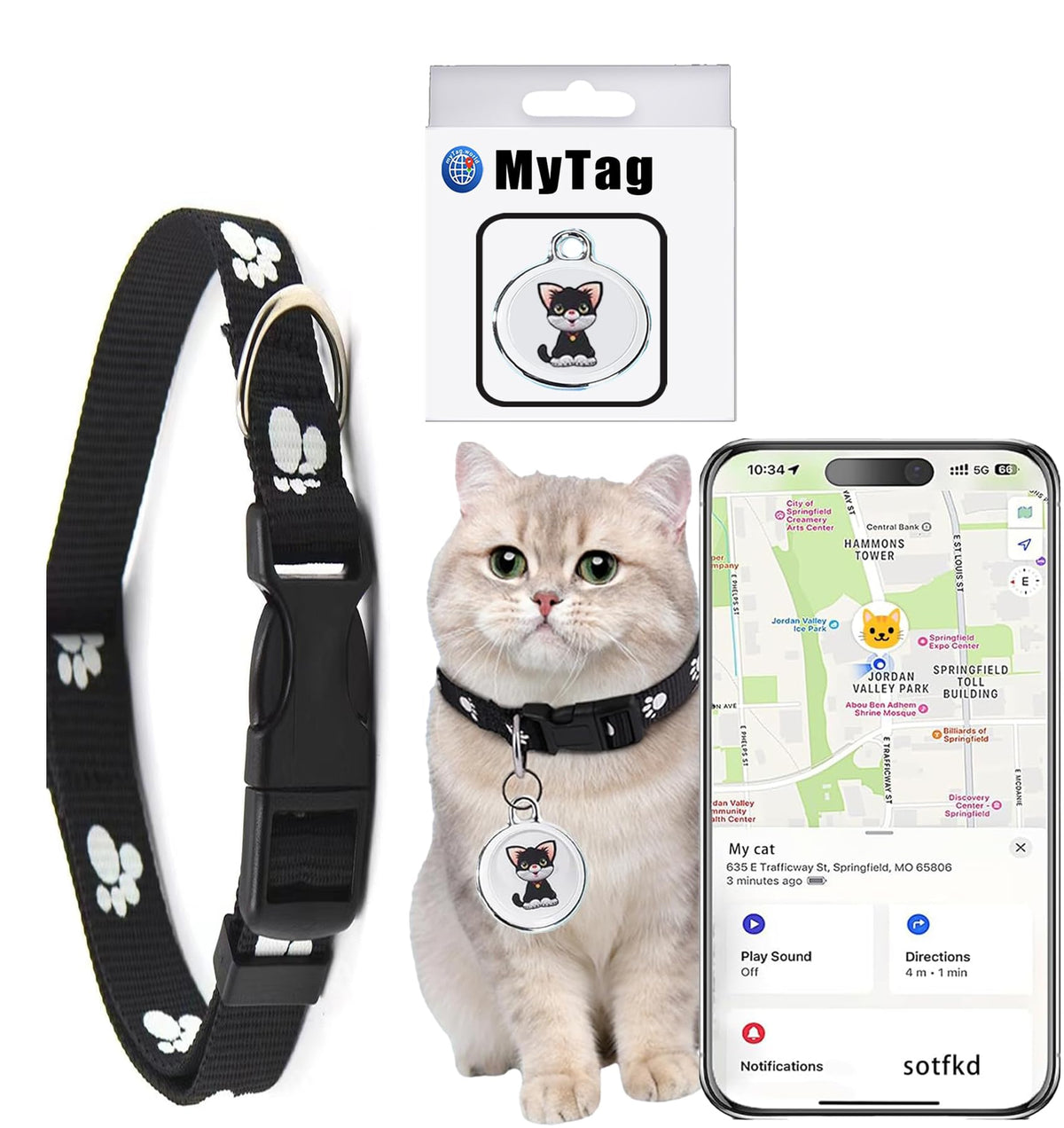 sotfkd cat tracker collar on cat showing continuous location visibility.